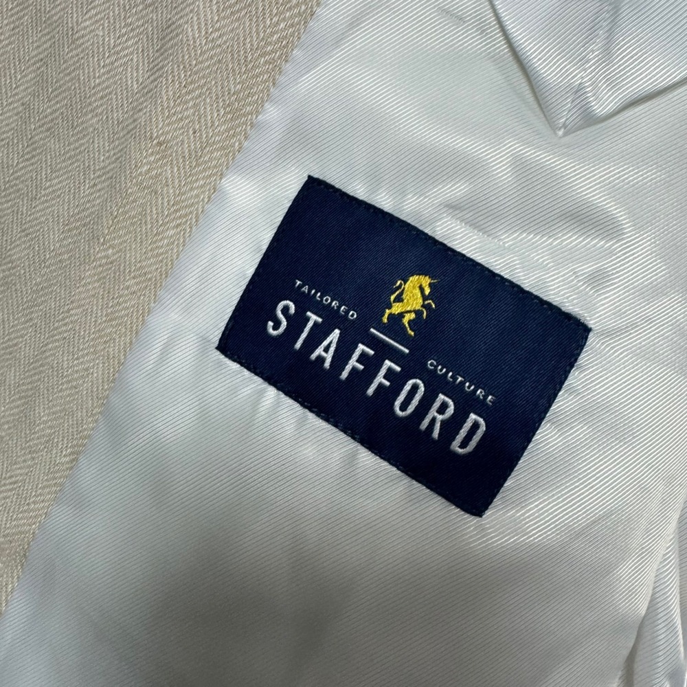 Stafford Blazer Jacket Mens 44S Linen Classic Fit Beige Herringbone Sport Coat - Picture 5 of 14